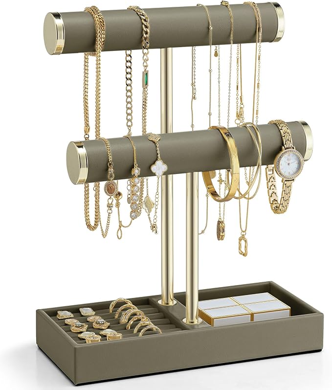 VLANDO 2 Tier Bracelet Holder with Tray - Jewelry Stand Organizer for Women - Valentines Day Gift Her- Jewelry Holder Display for Necklace, Watches, Rings, Earrings, Bangle, Scrunchie - Olive Green