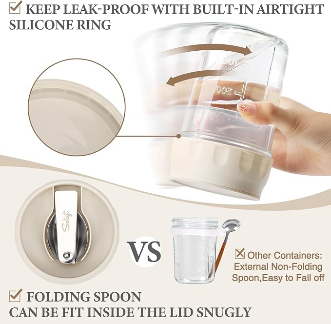 SOLIGT 2 Pack Overnight Oats Containers with Lids (Oat White/Oat White) | Folding Spoons and Divided Compartments for Fruit&Nuts, Small Glass 16oz Mason Jars for Oatmeal Yogurt Parfait