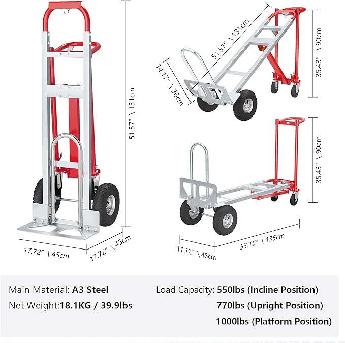 4 in 1 Convertible Hand Truck-1,000lb Heavy-Duty Folding Hand Truck Dolly Cart with Solid Wheel, 1000LBS Heavy Duty Steel Dolly for Logistics, Warehouse, Home, Office Moving, Delivery