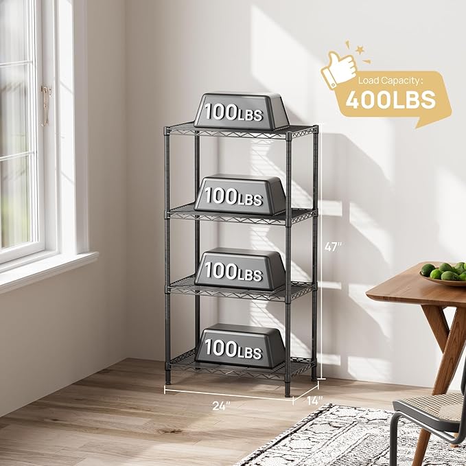 SINGAYE 4 Metal Shelves Wire Shelving Storage Shelf Adjustable Unit Pantry | 4 Tier Kitchen Laundry Room Organization Home Pantry Closet Bathroom Organizers Garage Rack 14" D x 24" W x 48" H Black