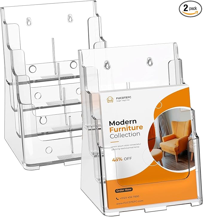FUCDTEFC 2 Pack Acrylic Brochure Holder 8.5x11 & 4 x9 Inches, Clear 4 Tier Magazine Holder Brochure Display Stand w Removable Divider, Literature Pamphlet Flyer Holder for Wall Mount or Countertop