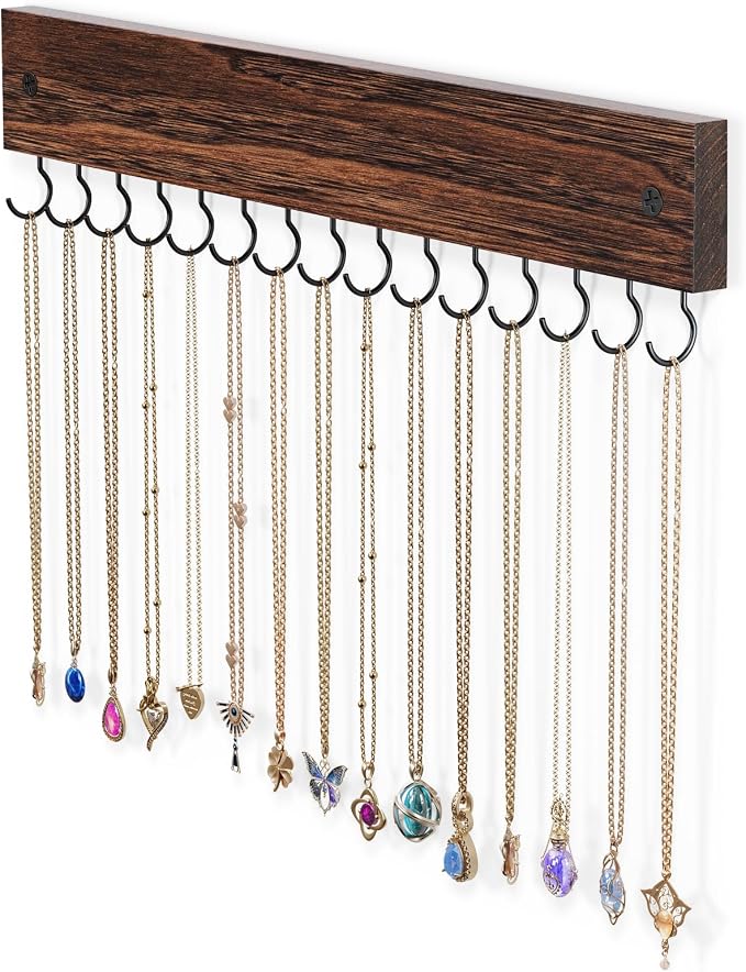 Lolalet Wooden Necklace Holder for Wall with 15 Hooks -Brown | Wall Mount Jewelry Hangers for Necklaces, Chains, Bracelets and Earrings, Tangle-free, Easy to Install