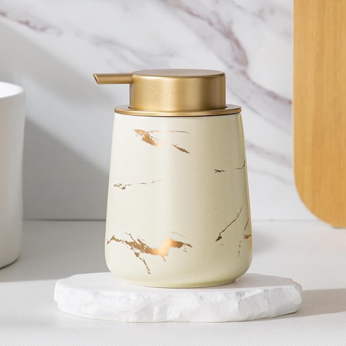 Enra Ceramic Gold Soap Dispenser, 12 oz Modern Liquid Hand Soap Dispenser for Bathroom Kitchen with Easy-to-Press(Gold Liquid Type-Beige)