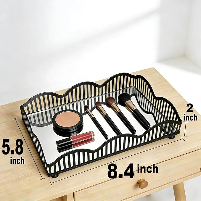 Black Metal Decorative Tray with Mirror Base - Square Multi-Purpose Tray for Bathroom, Living Room, Hallway and Kitchen (8.4”X5.8”X2”)