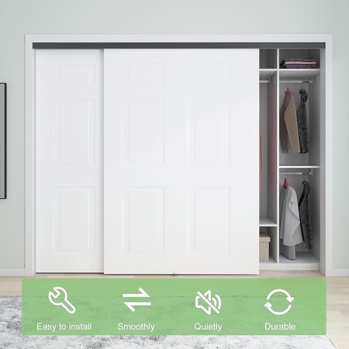 9FT/108(Double 4.5FT) Bypass Door Hardware, Aluminum Double-Closing Sliding Closet Door Hardware with Finger Pull Included, Smoothly and Quietly, Fit Door Thickness 1 3/8" or 1 3/4", Black