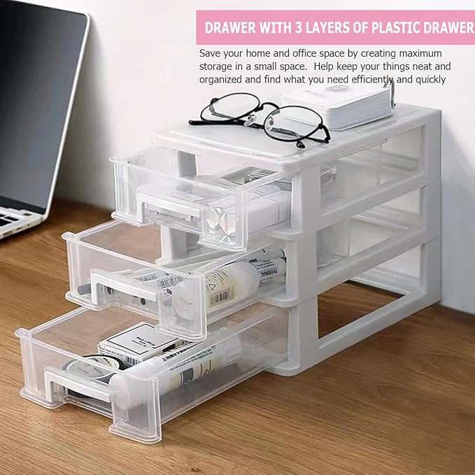 Plastic Desk Organizer,Desk Storage Box with 3 drawers,Makeup Organizer Sundries Storage Multifunction Storage Rack for Office School Home (White)