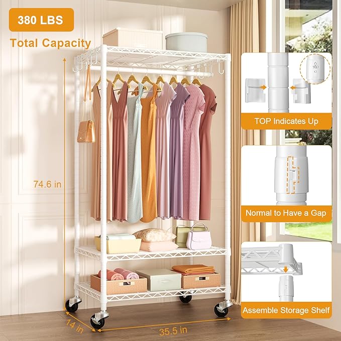 FUTASSI Rolling Clothes Rack, Clothing Racks for Hanging Clothes, White | P6 Heavy Duty Garment Rack with Wheels, 3 Tier Freestanding Portable Closet Rack with Shelves, 35.5 In Wide, Max Load 380 LBS