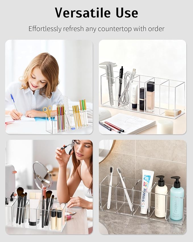 Uniclife Clear Acrylic Pen Holder for Desk, Plastic Pencil Holder Pen Organizer with 5 Compartments, Desktop Stationery Organizer for Office Home School, Vertical Makeup Brush Holder, 11.3" x 3" x 4"