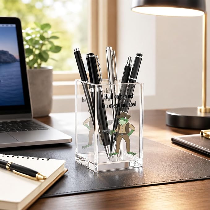 Acrylic Pen Holder Cup Funny Desk Decor, Overstimulated Humor Pencil Holder Organizer, Coworker Gift Office Accessories