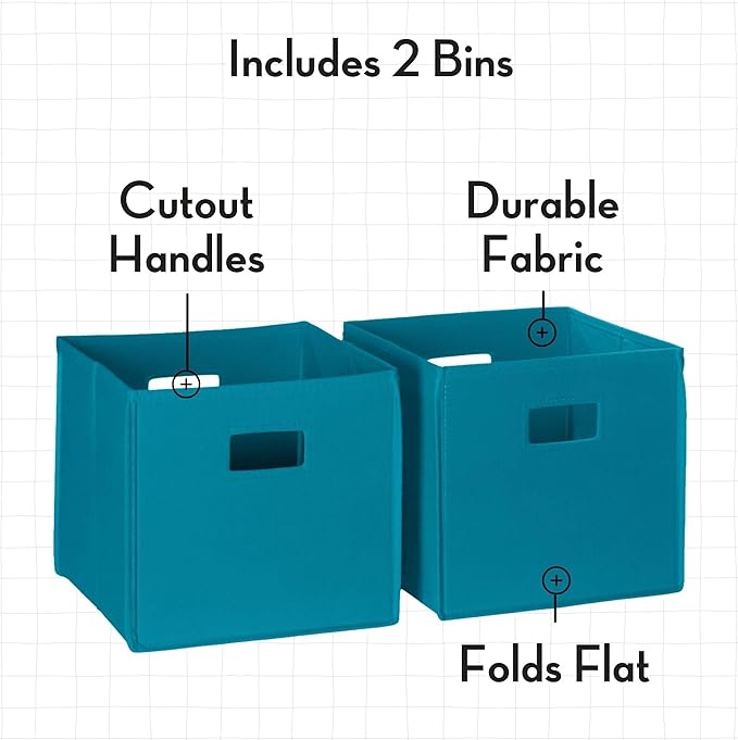 RiverRidge Folding Storage Bins - 2-pack of 10in Tall Turquoise Cubes | Fabric Bins, Set of 2 Storage Cubes, Cut-out Handles, Playroom Closet Organizer, Collapsible Cubby with Bottom Board Insert