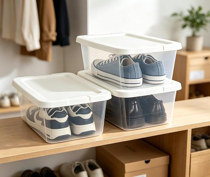 Storage Bins with Lids, 10 Pack 6 Qt Clear Plastic Storage Boxes with Snap On Handles, Stackable Shoe Organizer Containers for Home, Closet, Bedroom, Craft and Toy, White
