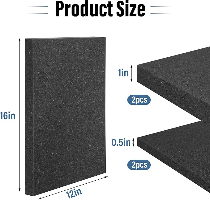 4pcs High Density Packing Foam Sheets, 2 Size Black Polyurethane Foam Padding, Cushioning Foam Inserts for Cases, Shipping, Storage Drawer (2pcs 16" X 12" X 0.5", 2pcs 16" X 12" X 1")
