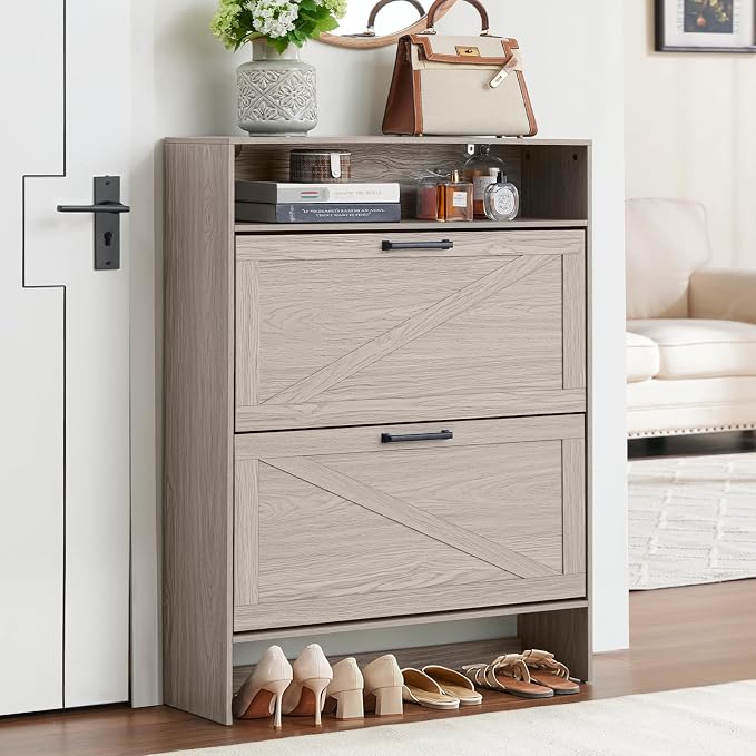 RWYHG Shoe Cabinet Storage for Entryway with 2 Flip Drawers Open Storage Layer Rack Narrow Organizer Slim Hidden Wood Shoe Cabinet Furniture Grey