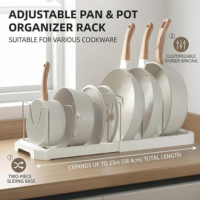 Expandable Pot and Pan Organizer for Under Cabinet, 12.9-22 Inch Adjustable Lid Kitchen Cabinet Organizer Holder with 7 Stainless Dividers, Cabinet Storage Holder for Lids Bakeware Cutting Boards