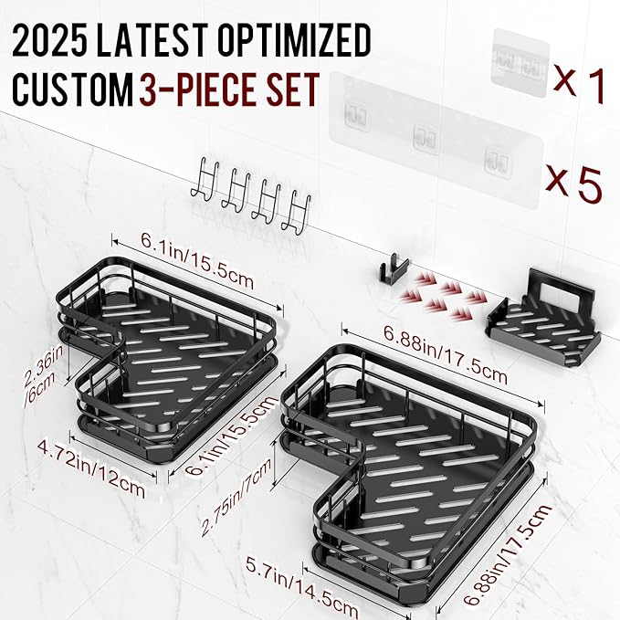 Getsrichfc Large Capacity Shower Caddy, Heavy-Duty Adhesive Shower Organizers with Custom Aesthetic Design Soap, No Drilling Corner Shower Shelves, 5 Hooks for Bathroom Accessories - 3 Pack