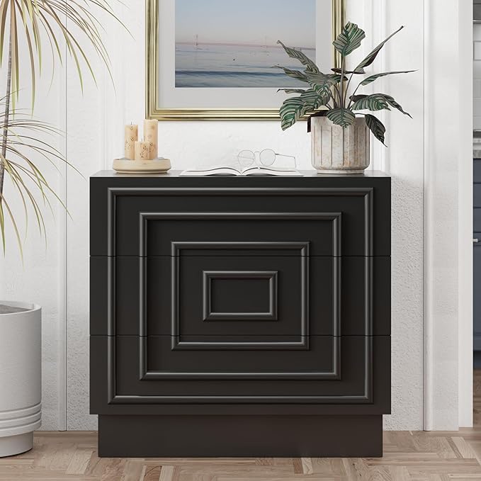 Aoikax Modern 3-Drawer Dresser, Sculptural Mid-Century Drawer of Chest with Geometric Square Pattern, Contemporary Accent Dresser for Bedroom, Living Room, Black
