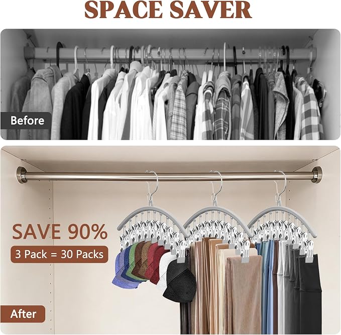 3 Pack Hat Hangers for Closet, Metal Hat Organizer for Baseball Caps | Hats Rack Holder for Closet with 30 Clips, Hats Storage for Baseball Caps Beanie Accessories Men Women, Grey
