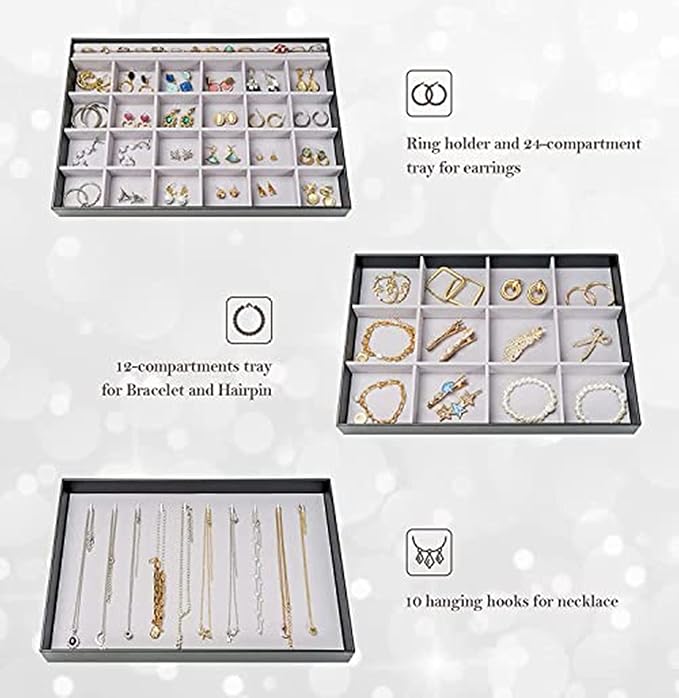 ProCase Stackable Large Jewelry Drawer Organizer, 3 Pack Velvet Jewelry Organizer Tray with Removable Dividers for Earring Necklace Bracelet -Black