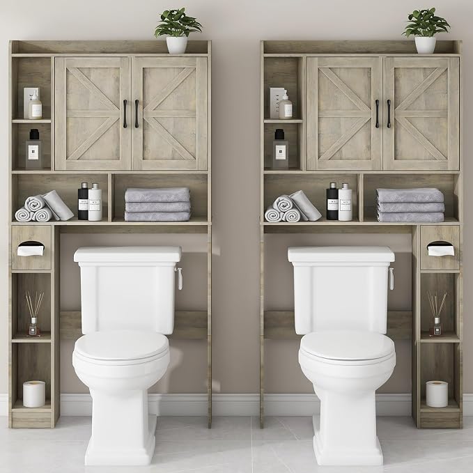 Vabches Over The Toilet Storage Cabinet with 2 Barn Doors, Grey | Farmhouse Storage Cabinet with Toilet Paper Holder Stand，Home Space-Saving Toilet Rack, for Bathroom, Restroom, Laundry