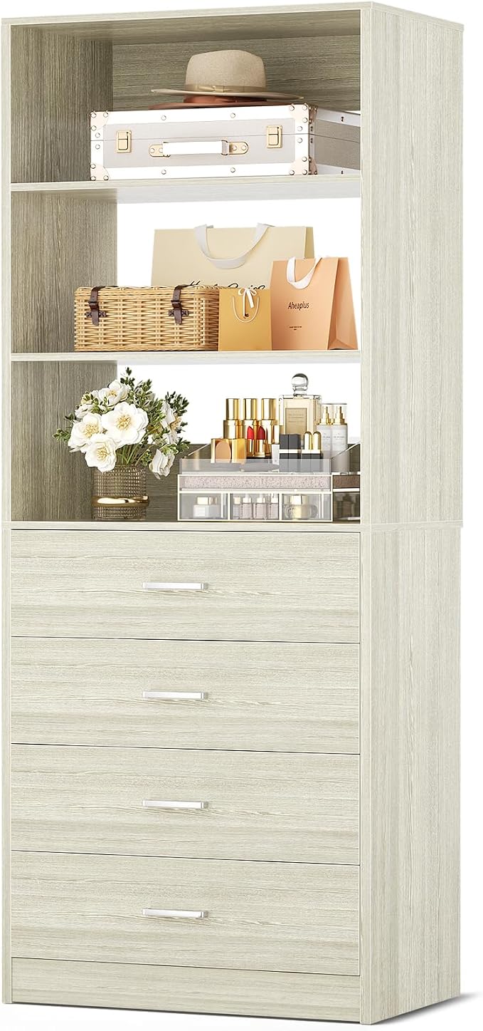 Aheaplus Closet Drawers Organizer System, 21.3" Wood Closet System with 4 Drawers, Modular Walk-in Closets Storage Unit, Tall Bookshelf Storage Cabinet, White Oak
