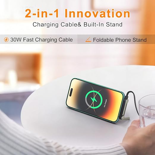 2-in-1 Invisible Holder Charger Cable, 30W PD Fast Charging Sideways Cord with Built-in Phone Stand, 90 Degree USB-C to Lightning Cable for iPhone 14/13/12/11/X/XR, iPad (2Pack)