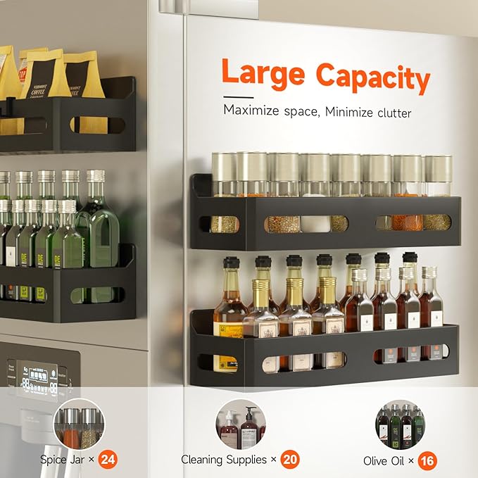 Sevenblue 2-Pack Magnetic Spice Rack for Refrigerator with Hooks, Black | Strong multipurpose magnetic shelf for kitchen & bathroom organization. Includes 4 removable hooks for hanging items.