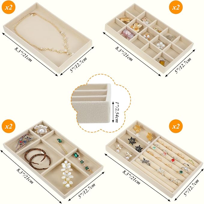 8 Pack Velvet Jewelry Trays Stackable Jewelry Organizer Tray Inserts for Drawer Beige Jewelrys Storage and Display Case for Necklaces Rings Earrings Bracelets