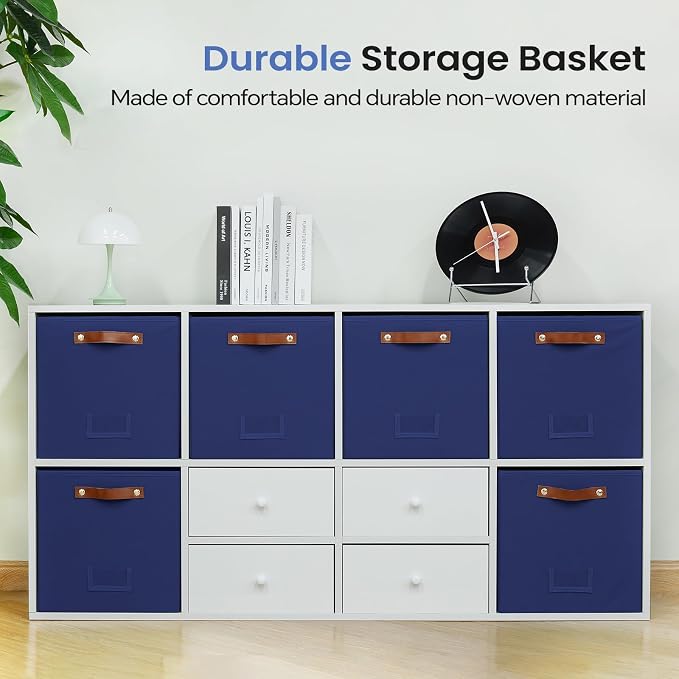 FinishingBo 13 inch Storage Bins with Labels 6 Pack | PU Leather Handles, Foldable Storage Cubes, Storage Baskets, Closet Storage, Blue