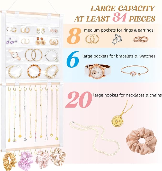 Hanging Jewelry Organizer with 20 Hooks & 14 Pockets for Women | Wall Mounted Necklace Holder Organizer With Detachable PVC Bags for Tavel, Jewelry Necklace Earring Bracelets Display