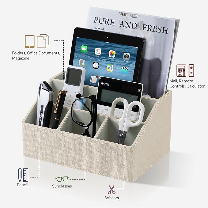 Desk Organizer Caddy with 5 Compartments for Office Art Supplies, PU Leather Nightstand Organizer Pencil Pen Desk Caddy for Home, Desktop TV Remote Control Holder Storage (Linen)