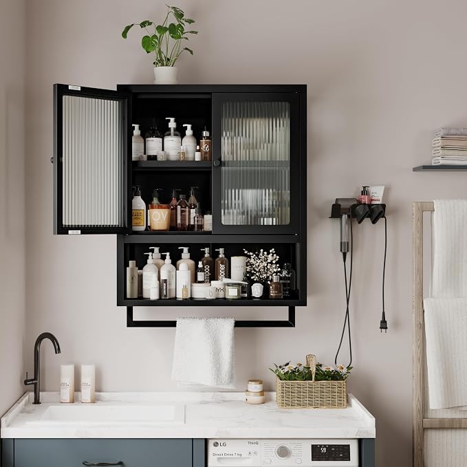 Bathroom Wall Cabinet, Over The Toilet Space Saver Storage Cabinet, Medicine Cabinet with 2 Glass Door and Towel Bar, Metal Wall Mounted Cabinet for Bathroom Laundry Room Kitchen