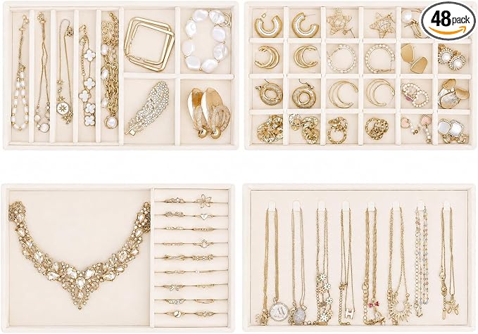 ProCase Stackable Jewelry Organizer Trays for Drawers, Jewelry Drawer Inserts Container Display Case Storage for Earring Necklace Rings Bracelet with Removable Dividers -Beige, 4 Layers