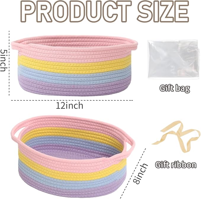 JMvicyroam Woven Basket,Small Rope Storage Bin with Handles & Ribbon Bag, Organizer for Shelves Closets,Gift Basket Empty for Birthday,Books,Dog Toys, Rainbow/3 Pack
