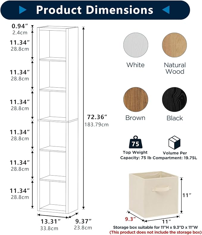 6 Cube Storage Organizer Single Row, Cube Shelf with Heavy-Duty Thick Boards, 13.31" L x 9.37" W x 72.36" H, Smooth Easy-Clean Panels, Simple Assembly, for Living Room Bedroom Office, Brown