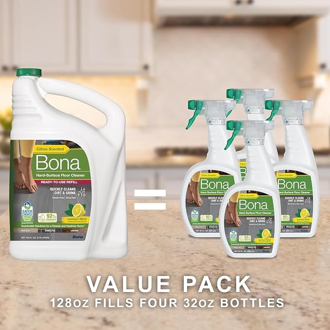 Bona Multi-Surface Floor Cleaner Refill - 128 fl oz - Lemon Mint | Residue-Free Floor Cleaning Solution Refill for Spray Mop and Spray Bottles - Use on Stone, Tile, Laminate, and Vinyl Floors