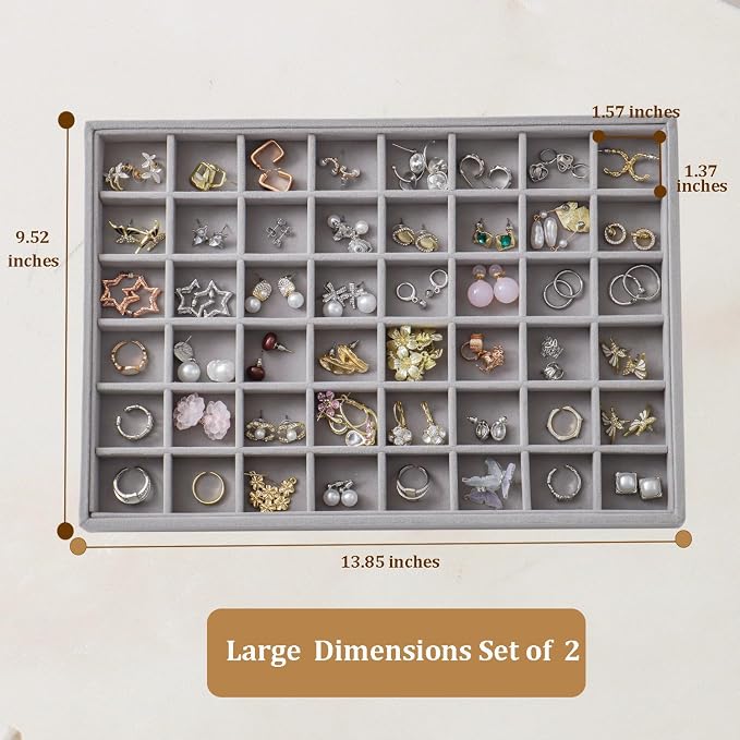 Large Stackable Jewelry Tray 4 Pack Velvet Jewelry Display Drawer Inserts Trays Organizer for Earring Bracelet Necklace Ring (Gray, 48 Grids)