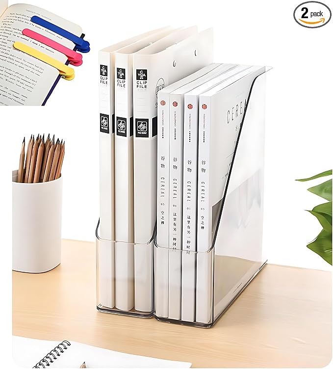 2-Pack Clear Acrylic Vertical Magazine File Holders – Desktop Organizer for Books, Documents, Binders, Envelopes, Includes 3 Bonus Silicone Bookmarks