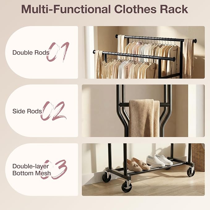 Clothes Rack, Double Rods Rolling Clothing Rack for Hanging Clothes Load 260 LBS Closet Rack with Wheels, Metal Portable Garment Rack for Bedroom Laundry Living Room, Black