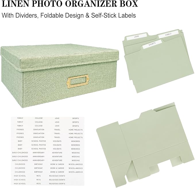 Linen Photo Storage Box – Holds 1700 Photos, Photo Organizer with Lid for Photo, Pictures, 24 Adjustable Dividers & 72 Labels Multi-Use Organizer Memory Box for Envelopes, Baby, Wedding, Cards Green