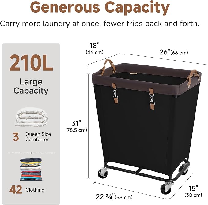 StorageWorks Laundry Basket with Wheels for Clothes, 210L Black Hamper Cart