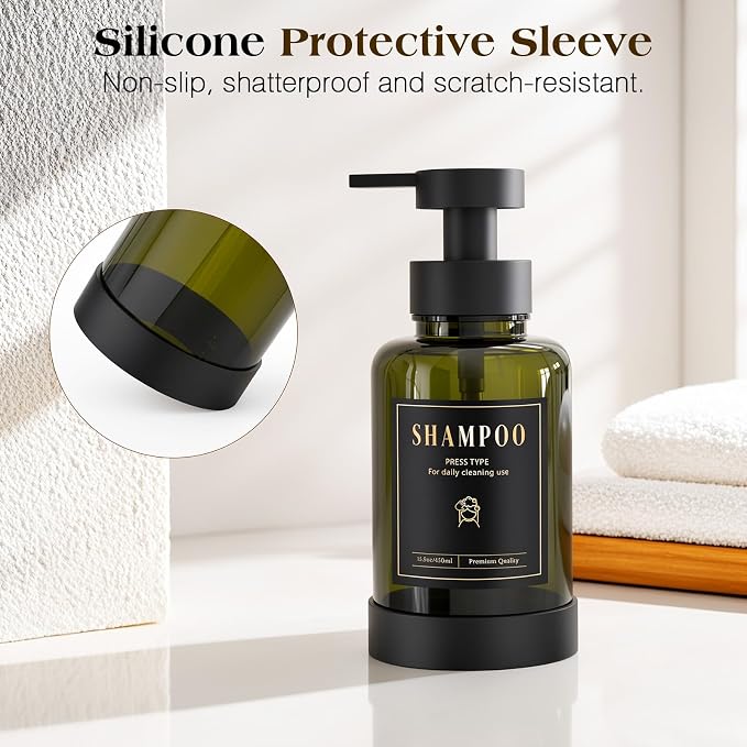 Luxspire Foaming Soap Dispenser, Glass Foam Pump Soap Dispenser, Non-Slip Hand Soap Container with 5 Waterproof Labels, 15 Oz Refillable Liquid Soap Holder for Bathroom & Kitchen, Olive Green, 2 Pack
