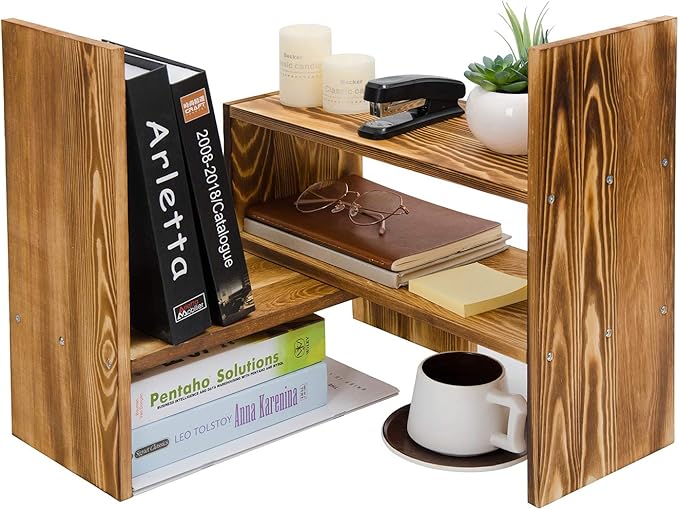 Adjustable Extendable Natural Wood Desktop Organizer Caddy Desk Organizer Countertop Shelf Bookcase Display Stand Rack Expandable Storage Office Home (Dark Brown)