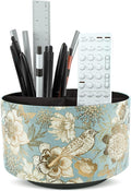 Round Leather Art Supply Organizer,Remote Control Holder,360 Degree Rotating,Multi-Functional Pencil Holder,4 Compartments Desktop Stationary Organizer(1-Blue Bird)