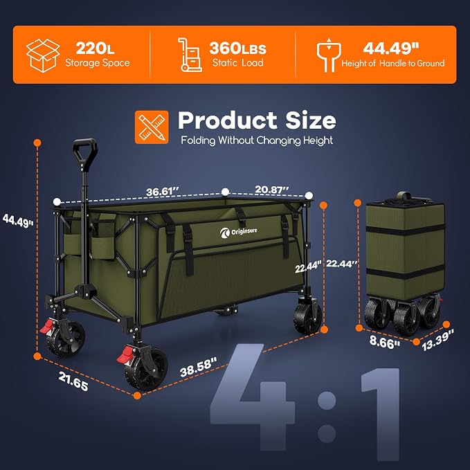 Originsure 220L Collapsible Wagon Cart Foldable, 38" L Extra Large Heavy Duty Folding Beach Wagons with All-Terrain Wheels, Utility Carts for Camping, Sports, Shopping, Groceries - Green