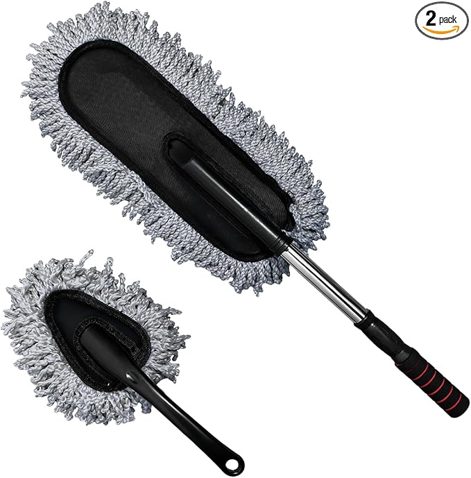 2 PCS Microfiber Car Duster, Scratch Free Auto Exterior Interior Large Dusting Cleaning Brush, Multipurpose Vehicle Dust Cleaner with Extendable Handle, Car Accessories (Gray)