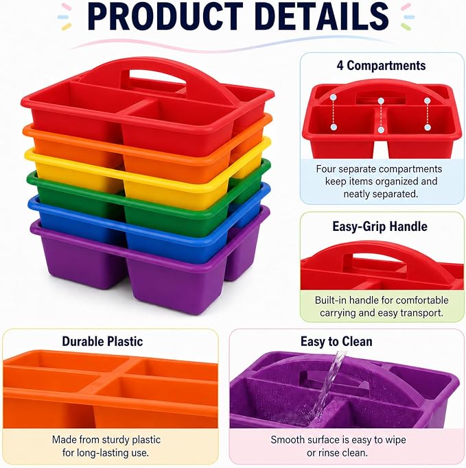 gisgfim 6 Pack Plastic Classroom Caddy with 4-Compartments Plastic Storage Caddies with Handle 4 Compartments Table Caddy Organizer Versatile Table Caddies for Classroom Office, Rainbow Color