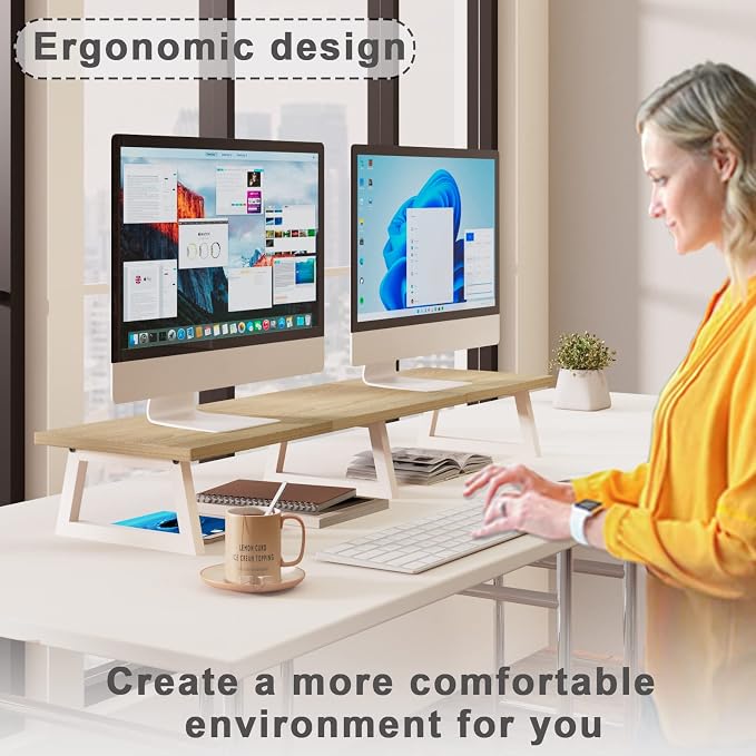 TEAMIX 42 inch Large Dual Monitor Riser, Desk Organizer Stand for TV Laptop | Extra Long Stand for 2 Monitors, Wood & Metal TV Riser, Holds 300lbs, Keyboard & PS5 Storage, For Home Office & Gaming