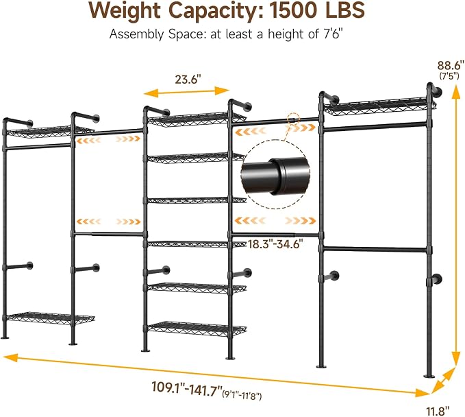 H5 Wall Mounted Closet System, Industrial Pipe Clothes Racks Clothing Rack with 4 Telescopic Rods & 3 Fixing Rods & 9 Shelves, Heavy Duty Closet Organizers and Storage in Wardrobe Closet (Black)