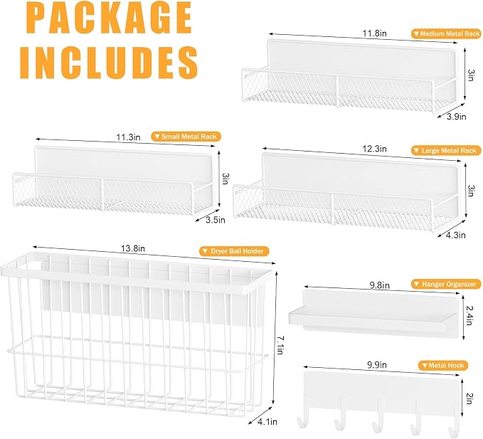 6 Pack Magnetic Shelves for Washing Machine, Magnetic Spice Rack Organizer for Refrigerator, Magnetic Shelf with Hanger Organizer, Metal Magnetic Basket, Laundry Organization and Storage, White
