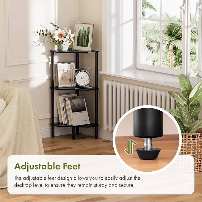 Black Corner Bathroom Shelf, 3 Tier Bamboo Kitchen Corner Shelves, Display Shelf, Shower Corner Caddy, Indoor Plant Stand Balcony, Freestanding Storage Organizer Stand for Living Room, Small Spaces